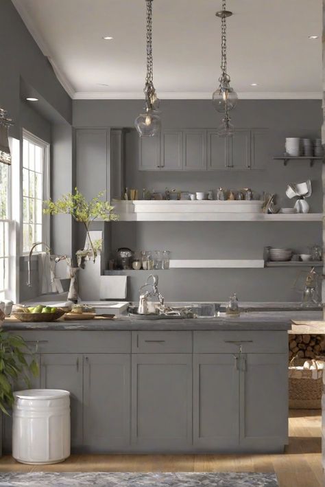 interior decorating,wall paint color, kitchen design, home decor Grey Walls Kitchen, Kitchen Wall Paint, Grizzle Gray, Kitchen With Open Shelving, Best Wall Paint, Light Oak Floors, Gray Painted Walls, Paint For Kitchen Walls, Kitchen Size