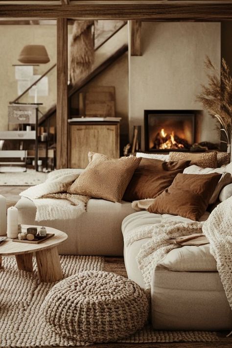 Decorate with muted earth tones for a cozy, calming effect. #EarthTones #CozyHome #WarmDecor Cozy Mood Board, Living Room Earth Tones, Warm Living Room Ideas, Earth Tone Living Room, Cushion Combinations, Muted Earth Tones, Living Room Warm, Warm Decor, Cozy Spaces