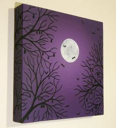 Moonlit Bats Paintin Bats Painting, Purple Starry Sky, Purple Night Sky, Forest Room, Surf Room, Purple Night, Bat Print, Original Canvas Painting, Over The Edge