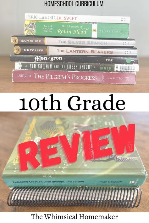 Stacks of homeschool books with the Homeschool Curriculum 10th grade Review on it. Homeschool Assessment Test, Homeschooling Multiple Grades, Homeschool Transcripts High Schools, Texas Homeschool Curriculum, American Girl History Curriculum, Junior Year High School, Homeschool Binder, Homeschool Curriculum Planning, Homeschool High School Curriculum