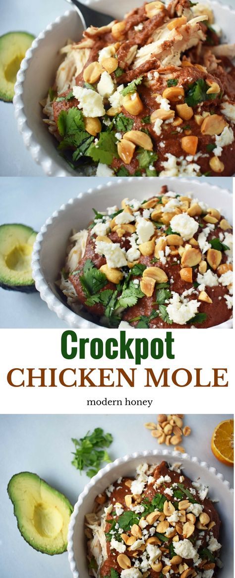 Crockpot Mexican Chicken Mole. The rich flavor from mole sauce made in a slow cooker. Tender chicken covered in a Mexican spiced sauce. Can be eaten alone or with a side of cilantro rice or can be made into chicken mole tacos. www.modernhoney.com Recipes With Mole Sauce, Crockpot Chicken Mole, Mole Recipes, Mexican Chicken Mole, Mole Tacos, Mexican Chicken Tacos, Chicken Mole Recipe, Mexican Sauces, Crockpot Mexican Chicken