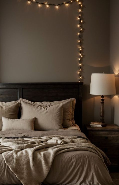 Create a cozy and rustic atmosphere in your bedroom with dark wood furniture. Pair the furniture with soft, earth-toned bedding and add fairy lights for a touch of enchantment. Bedroom With Dark Wood Furniture, Dark Wood Bedroom Ideas, Wood Bedroom Ideas, Brown Bedroom Walls, Glamorous Bedroom Decor, Earth Tone Bedroom, Brown Bedroom Decor, Dark Wood Bedroom, Messy Bedroom