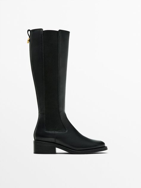 Flat Chelsea Boots, Luxury Wishlist, Riding Boots Fashion, Black Knee High Boots, Black Knees, Monogrammed Leather, Black Mini Skirt, Flat Boots, Massimo Dutti