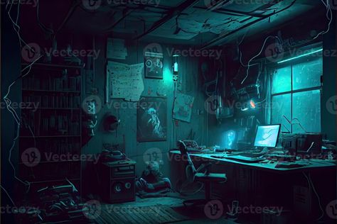 illustration of messy and dark cyberpunk hacker hideout room with lights Cyberpunk Police, Room With Lights, Hacker Room, Cyberpunk Hacker, Cyberpunk Background, Cyberpunk Bedroom, Cyberpunk Room, Dark Cyberpunk, Photography Room