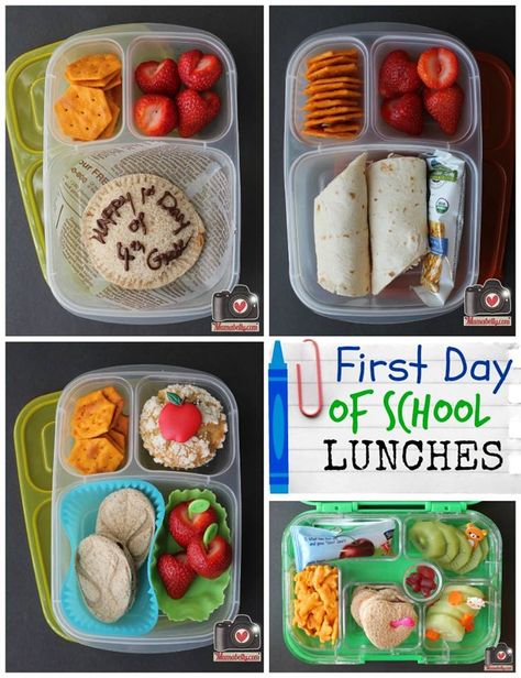 Everyone is back in school! Here are our 1st day of school lunches for Kindergarten through 7th grade! Kindergarden Lunchbox Ideas, 1st Day Of School Lunch Ideas, Grade 1 Lunch Ideas, 1st Day Of School Lunch, 1st Grade Lunch Box Ideas, Lunch Kids, Kindergarten Lunch, Back To School Lunch Ideas, Kid Lunches