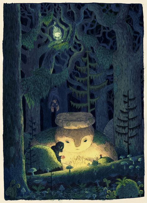 Forest Creatures Illustration, Story Illustration Art, Forest At Night Illustration, Night In Forest, Forest Ink Illustration, Lights Illustration, Chuck Groenink, Illustration Night, Magical Forest Creatures