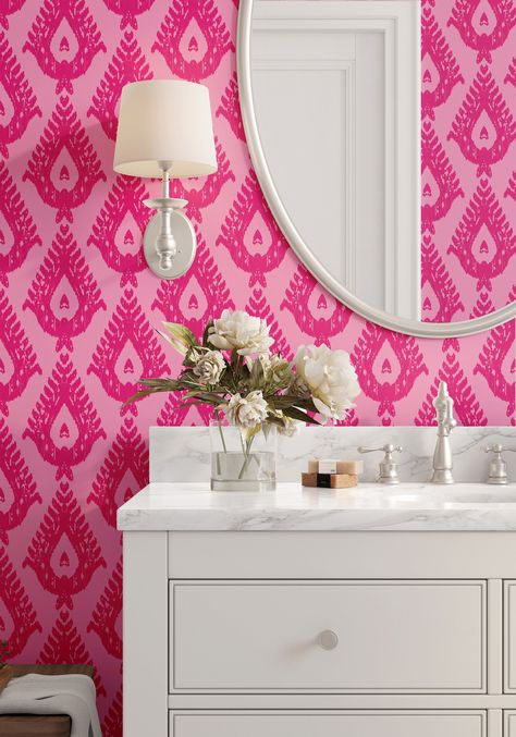 new addition to my #etsy shop: Traditional Teardrop Ikat Wallpaper - Hot Pink and Magenta (pre-pasted and peel and stick options) https://etsy.me/4382XmH #pink #magenta #ikat #interiordesign #boho #traditionalhome #peelstick #wallpaper #bathroomremodel Hot Pink Bathroom Aesthetic, Bohemian Palette, Wallpaper Hot Pink, Hot Pink Bathroom, Ikat Wallpaper, Living Room Library, Whimsical Wallpaper, Hot Pink Walls, Wallpaper Hot