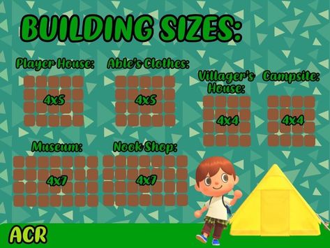 House Layouts Animal Crossing, Building Sizes Animal Crossing, Animal Crossing Size Guide, How To Plan Acnh Island, Animal Crossing Building Dimensions, How Many Squares Is A House In Animal Crossing, Ac Island Layout Ideas, Acnh Size Building, Acnh Villager House Size