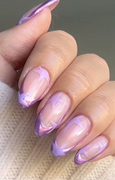 Almond Nails Lilac Purple, Lilac Birthday Nails, Lavender Star Nails, Purple Nail Designs Almond, Lilac Prom Nails, Purple Star Nails, Nails Lilac, Disco Nails, Stars Nails