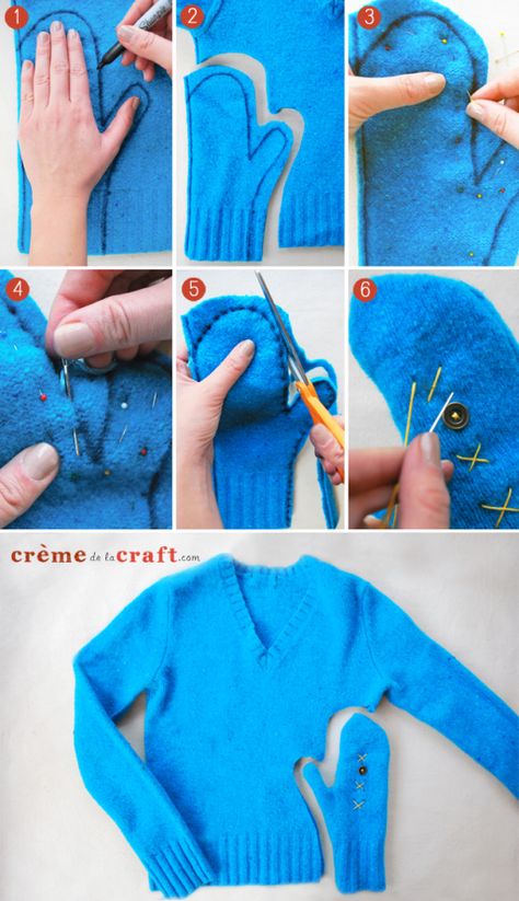 If you have a sweater that’s too worn or out of style to wear, why not turn them into something useful again?  These wonderfully warm, comfy mittens are made from old sweater.  Cool idea! What you will need: Wool sweater (at least 80% wool, but preferably 100%) Marker or pen for tracing  Scissors 8-10 straight … Old Sweater Diy, Thumbless Mittens, Diy Mittens, Diy Clothes Refashion, Sweater Mittens, The Mitten, Recycled Sweaters, Sew Ins, Old Sweater