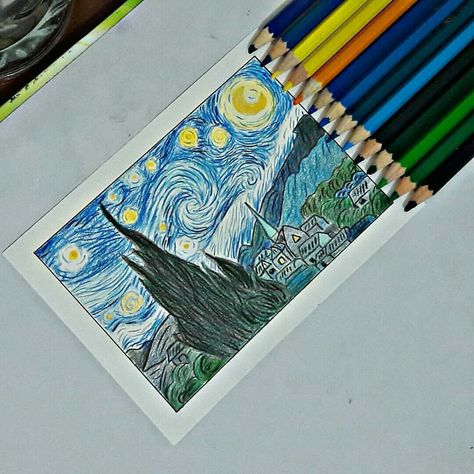 Starry Night Vincent van Gogh inspired Starry Night Van Gogh Sketch, Stary Night Drawing Pencil, Starry Night Colored Pencil, Stray Night Van Gogh, Starry Night Sketch, Starry Night Inspired Art, Starry Night Drawing, Van Gogh Coloring, Sketch Digital Art