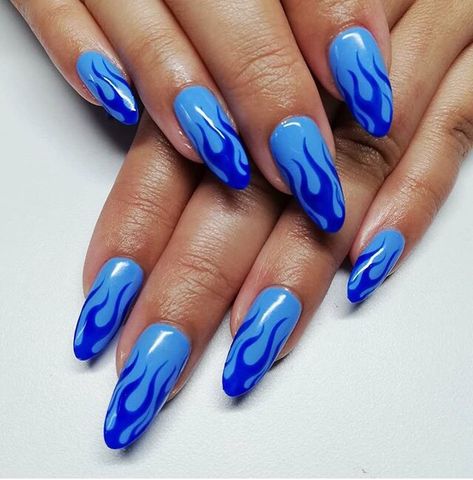 Blue Flame Nails, Flame Nails, Flame Nail Art, Clear Acrylic Nails, Edgy Nails, Blue Nail Art, Blue Flame, Nails Blue, Blue Nail