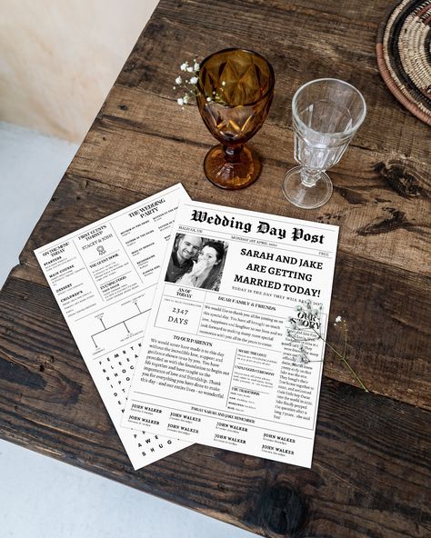 Wedding Newpaper Template , Double sided, Editable and Printable Wedding Newspaper Template, Free Planner Templates, Wedding Favours Thank You, Wedding Newspaper, Wedding Itinerary, Newspaper Template, Brides And Grooms, Wedding Aesthetic, Personalised Wedding