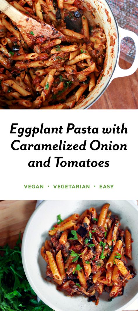 Eggplant Pasta, Tomato Pasta Recipe, Resep Pasta, Vegan Eggplant, Vegan Pasta Recipes, Vegetarian Pasta, Caramelized Onion, God Mat, Tomato Pasta