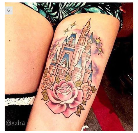 Beautiful Disney castle tattoo Disney Thigh Tattoo, Cinderella Tattoo, Disney Castle Tattoo, Castle Tattoo, Tattoo Thigh, Marvel Tattoos, Skeleton Hand Tattoo, Harry Potter Tattoos, Tattoo Feminina