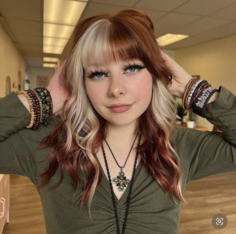 Hair Color Idea With Bangs, Blonde And Colored Hair Ideas, Hair Styles For Split Dyed Hair, Half Brown Half Blonde Hair Split With Bangs, Red Block Coloring Hair, Chunky Highlights Colorful, Split Hair With Bangs, Two Color Hair Dye Ideas With Bangs, Block Color Curly Hair