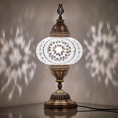 DEMMEX 6.5" Big Globe Turkish Moroccan Mosaic Table Lamp, Tiffany Style Glass Mosaics Exotic Oriental Mediterranean Bedside Lamp, LED Bulb Included for US/CA, Handmade, 14" Height, White Clear - Amazon.com Turkish Mosaic Lamp, Turkish Lamps, Glass Mosaics, Mosaic Lamp, Mosaic Pieces, Moroccan Mosaic, Handmade Mosaic, Mosaic Table, Night Lamp