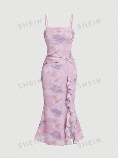 SHEIN MOD Floral Print Twisted Knot Detail Asymmetric Hem Cami Dress | SHEIN Cute Summer Dresses With Butterfly Print, Lilac Dresses, Purple Floral Print Summer Mini Dress, Coquette Summer Floral Print Dresses, Coquette Floral Print Summer Dresses, Fitted Butterfly Print Beach Dress, Simple Gowns, Cute Dress Outfits, Shein Outfits