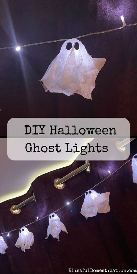 A simple tutorial for these cute DIY Halloween Ghost Lights. Diy Ghosts Decor, Ghost Lights Diy, Diy Ghost Decoration Hanging, Quick Halloween Decorations, Halloween Fairy Lights, Diy Ghost Decor, Diy Halloween Lights, Halloween Lights Diy, Diy Ghost Decoration