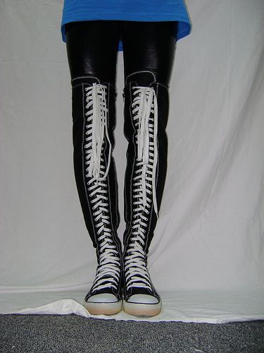 converse lookalike thigh high by allstarfan, via Flickr Thigh High Converse, Knee High Timberland Boots, Knee High Sneakers, High Converse, Converse Style Women, Converse Boots, Galaxy Shoes, Thigh High Suede Boots, Trendy Spring Outfits