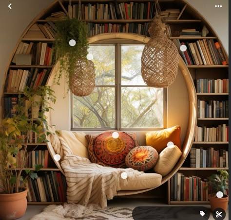 Reading Nook In Bookshelf, Storybook Interior Design, Earthy Library, Whimsical Bookshelves, Boho Book Nook, Unique House Ideas, Bohemian Bookshelf, Boho Library, Cool Bookshelves