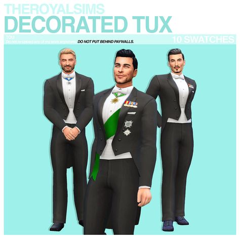 THEROYALSIMS DECORATED TUX Sims 4 Royal Cc, Sims 4 Royal, Royalty Clothes, Sims 4 Decades Challenge, Royalty Dress, Royal Clothes, Prince Clothes, Cc Folder, Sims Clothes