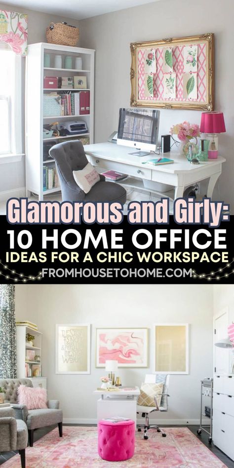 Glamorous and girly: 10 home office ideas for a chic workspace Office Pink Decor, Navy Pink And Gold Office Decor, Cute Girly Office Ideas, Home Office Desk Decor Ideas, Pink And White Office Ideas, Girlie Office Ideas Work Spaces, At Home Office Set Up, Glam Craft Room, Pink And Green Home Office