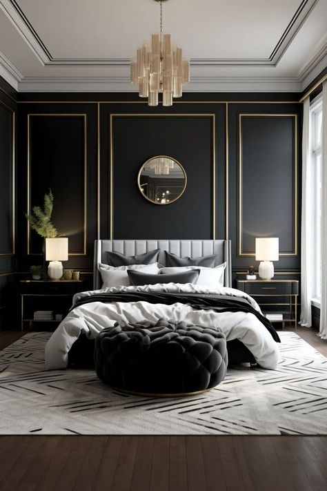 100+ Classic Black and White Bedroom Ideas Cozy Cute Bedroom, Rich Bedroom Aesthetic, Elegant Master Bedrooms Decor, Black Interior Design Bedroom, Luxury Master Bedrooms Decor, Classic Luxury Bedroom, Black And Gold Bedroom, Beds Black, Black And White Bedroom Ideas