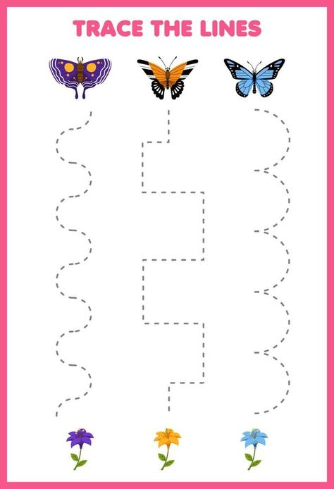 Education game for children handwriting practice trace the lines with cute cartoon butterfly and flower picture printable bug worksheet Bug Printable, Cute Cartoon Butterfly, Trace The Lines, Cartoon Butterfly, Game For Children, Flower Picture, Butterfly And Flower, Handwriting Practice, Logo Banners