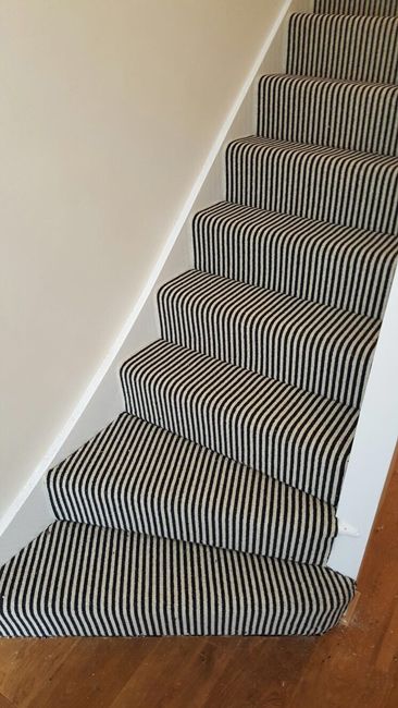 Stairs, Black and White Striped Carpet | The Flooring Group Carpeted Staircase Ideas Hallway, California Staircase, Stairs With Carpet, Herringbone Carpet, Stairs Black, Black And White Stairs, Stairs Carpet, Carpet Staircase, Carpet Diy