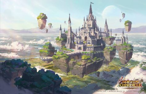 Floating castle (knights chronicle game work), JunYeong SHIN on ArtStation at https://www.artstation.com/artwork/WeYdD Knights Chronicle, Floating Castle, Castle Illustration, Fantasy Town, Monster Inc, Magic Castle, Castle Art, Paintings Abstract, Castle In The Sky