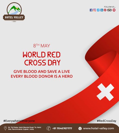 World Red Cross Day   #WorldRedCrossDay #WorldRedCrossDay2019 #Everywhere4Everyone #Hotel #Valley #Halol #BanquetHall #DiningHall #Lunch #Dinner #snack #Punjabi #Chinese #SouthIndian #Kathiyawadi #Gujarati Red Cross Day, World Red Cross Day, Blood Donor, Creative Posters, Red Cross, Puns, Pie Chart, Hotel, Red