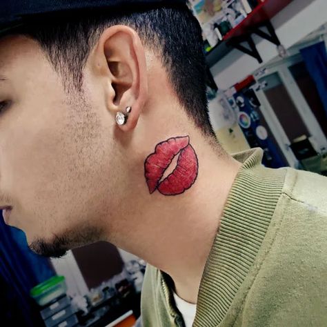 red lips tattoo on neck with black outlinning Lip Tattoo Ideas Kisses Men, Lips Tattoo Ideas Kisses, Kiss Tattoo On Neck, Kiss Lip Tattoos, Lip Tattoo Ideas, Kissing Tattoo, Kiss Tattoo, Tattoo On Neck, Lips Tattoo