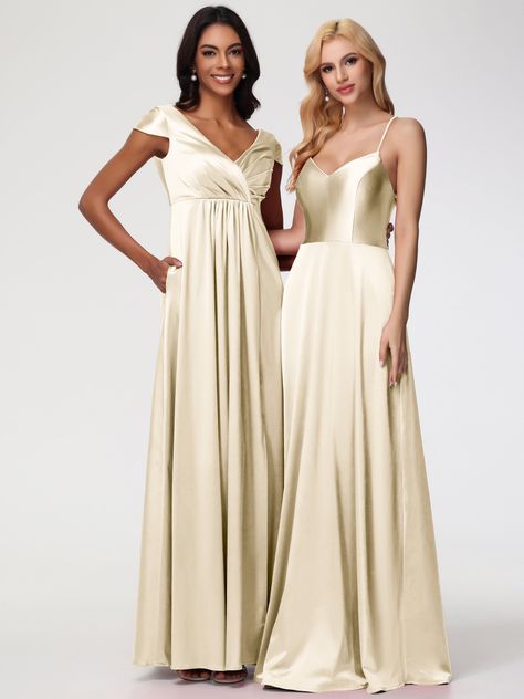 This V-neck bridesmaid dress features a minimalist design and cap sleeves, perfect for a modern and chic wedding. Made with stretch satin, it offers both style and comfort for your bridesmaids. Enhance the A-line silhouette and elevate your wedding with this sophisticated and elegant dress. Bridesmaid Dresses Modest, Satin Bridesmaid Dress, Champagne Bridesmaid Dresses, Champagne Bridesmaid, Modest Bridesmaid Dresses, Satin Bridesmaid Dresses, Dresses Modest, Stretch Satin, Modest Dresses