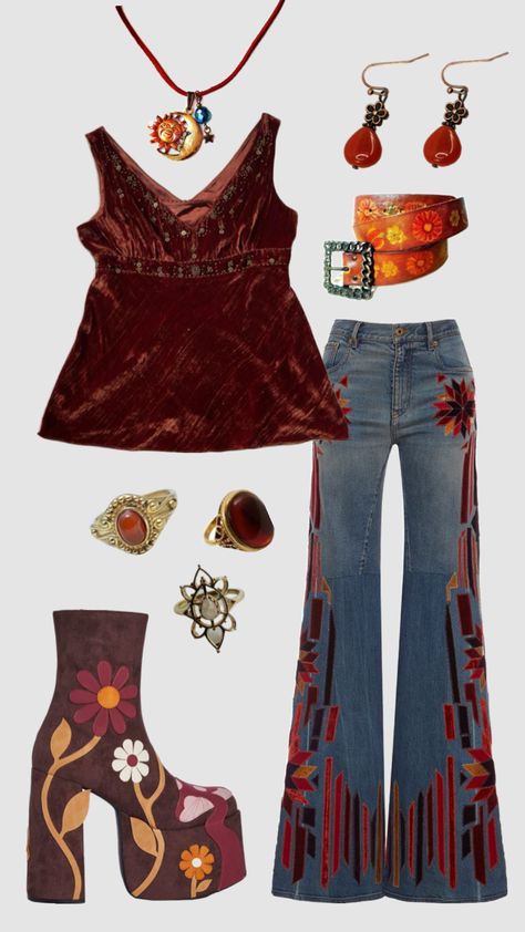 60's Party Outfit, Funky Outfits For Women 70s, 70s Western Outfits Women, Vintage 70s Aesthetic Outfits, Edgy 70s Outfits, 70s Flower Power Outfit, 70s Outfit Inspo Women, Aesthetic 70s Outfit, 70s Aesthetic Outfits Women