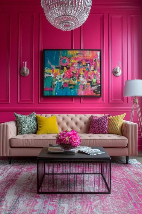 Harmonious Hot Pink Hot Pink Office, Colorful Living Room Ideas, Painted Built Ins, Colorful Living Room, Neutral Flooring, Neutral Furniture, Pink Office, Mediterranean Blue, Colourful Living Room