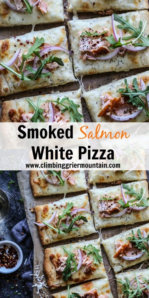 Salmon Flatbread, Smoked Salmon Pizza, Gluten Free Pizza Recipes, Salmon Pizza, Smoked Oysters, Cheesy Pizza, White Pizza, Traditional Recipes, Smoked Fish