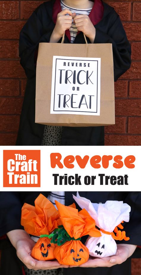 Reverse Trick or Treating with printable bag label Reverse Trick Or Treating Ideas, Trick Or Treating Ideas, Treat Ideas For Halloween, Halloween Labels Printable, Best Crafts For Kids, Kids Activity Ideas, Play Ideas For Kids, Train Projects, Halloween Potion Bottles