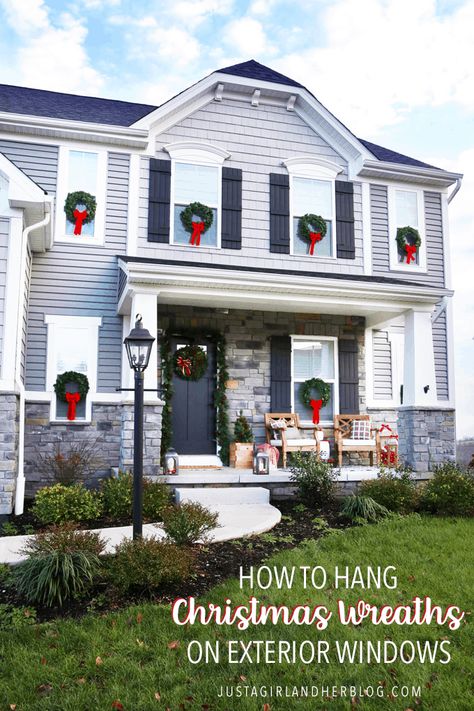 Learn how to hang Christmas wreaths on exterior windows the easy way, and make your outdoor decor look beautiful this holiday season! | #christmas #christmasdecor #holidays #holidaydecor #christmaswreaths #wreath #wreaths Exterior Wreaths, Wreaths On Exterior Windows, Wreaths Windows, Christmas Exterior, Christmas Wreaths For Windows, Exterior Windows, Outdoor Christmas Wreaths, Outside Christmas Decorations, Window Wreath