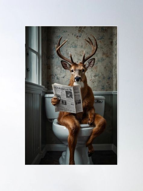 "Funny Deer on Toilet Reading Newspaper" Poster for Sale by vk09 | Redbubble Canvas Light Art, Hunting Decor Living Room, Pretty Bath, Bathroom Decor Rustic, Bathroom Canvas Art, Newspaper Poster, Whimsical Bathroom, Funny Deer, Deer Camp