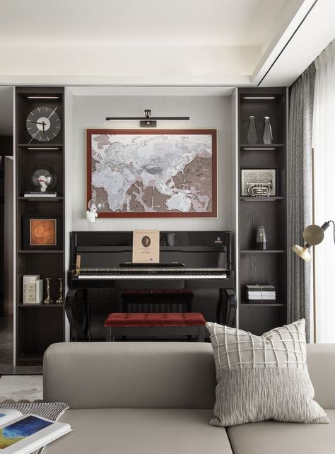 Living Room With Upright Piano Layout, Piano Tv Living Room, Stand Up Piano In Living Room, Piano Under Tv, Tv Above Piano, Piano Room Design, Piano Room Decor, Piano Living Rooms, Piano Decor