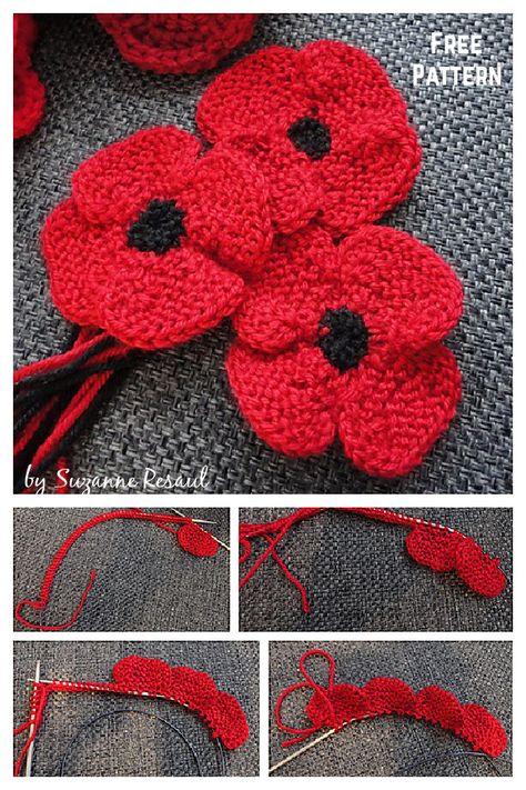 Poppy Flower Free Knitting Pattern Free Knitted Flower Patterns, Knitted Poppy Free Pattern, Crochet Poppy Pattern, Knitted Poppies, Crochet Butterfly Free Pattern, Knitted Flower Pattern, Animal Knitting, Christmas Knitting Patterns Free, Crochet Poppy