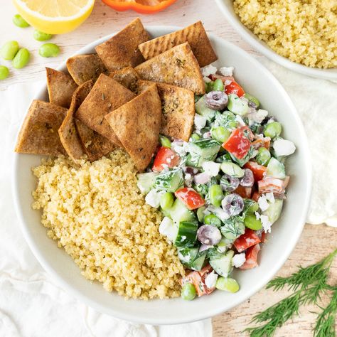 Quinoa Edamame, Edamame Salad, Cheese Flatbread, Pita Chips, Kalamata Olives, Greek Style, Bakery Bread, 30 Minute Meals, Fresh Bread