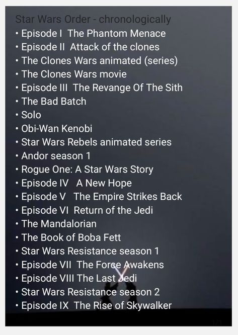 Movies & shows in chronological order Star Wars In Chronological Order, Starwars Chronological Order, Star Wars Chronological Order 2023, Star Wars Chronological Order, Star Wars Order To Watch, Star Wars Name Ideas, Star Wars In Order, Star Wars Movies In Order, Star Wars Order