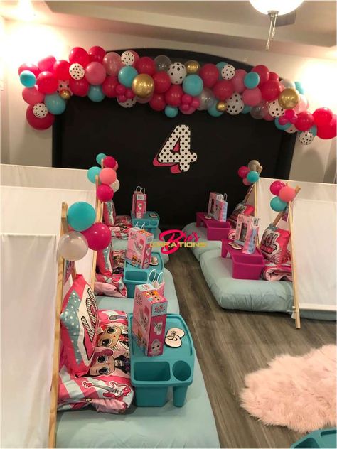 Loyalty’s “LOL Surprise Spa and Sleepover Birthday Party | CatchMyParty.com Lol Doll Sleepover Party, Lol Birthday Party Ideas, Birthday Room Surprise, Surprise Party Themes, Spa Sleepover Party, Girls Sleepover Party, Suprise Birthday, Ballet Birthday Party, Glamping Party