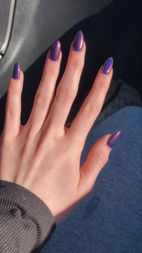 Dark Purple Chrome Nails Designs, Darker Purple Nails, Round Acrylic Nails Purple, Purple Nail Designs Dark, Short Almond Nails Dark Colors, Dark Purple Gel Nails Ideas, Dark Purple Iridescent Nails, Dark Purple Nails Chrome, Dip Purple Nails