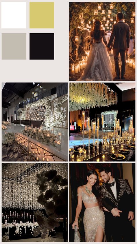 This wedding theme depicts a classy and glamourous black theme with white, gold, and silver accents. This gives a modern and chic touch to an elegant wedding. #blacktheme #elegant #glamwedding #silver #gold Black Gold Silver Wedding Theme, Black White Gold Wedding Theme, Silver Wedding Theme, Elegant Theme, Black Theme, Wedding Theme Colors, Elegant Themes, Marrying My Best Friend, Glam Wedding