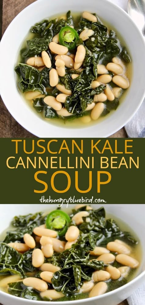 Kale and cannellini bean soup ~ simple, healthy and rustic soup, with Tuscan kale and white cannellini beans. #kaleandwhitebeansoup #tuscankale #cannellinibeans #cannellinibeanandkalesoup #soup | thehungrybluebird.com Kale And Cannellini Bean Soup, Kale And Cannellini Beans, Cannelloni Beans, Cannellini Bean Soup, Italian Soups, Rustic Soup, Cannellini Beans Soup, Misfits Market, Soup Simple