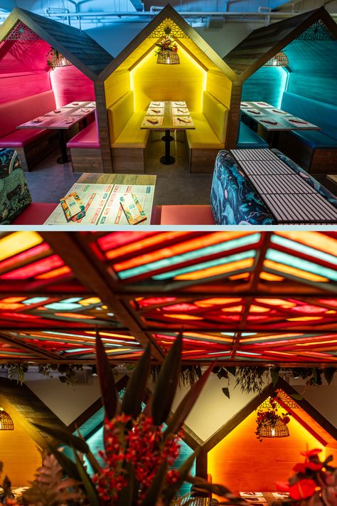 Colourful Indian street food concept interior design restaurant. Colour block dining hut banquettes. Funky interior design ideas for restaurant. Quirky, bold, fun and memorable. Eye catching and instagrammable interior design. Restaurant Creative Design, Bold Restaurant Design, Indian Dhaba Design, Cool Restaurant Design Creative, Basement Restaurant Design, Indian Theme Interior Design, Street Restaurant Design, Themed Cafe Ideas, Dhaba Design Ideas Indian