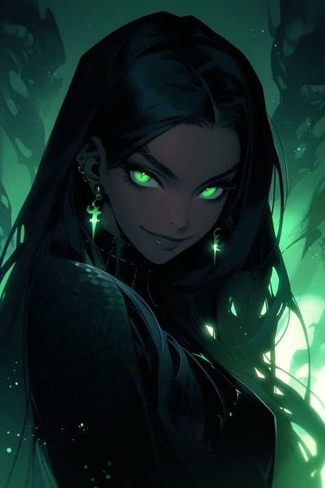 Black Hair Green Eyes Girl, Anime Green Hair, Black Hair Green Eyes, Green Hair Girl, Green Costumes, Fantasy Witch, Anime Black Hair, Gothic Fantasy Art, Girls With Black Hair